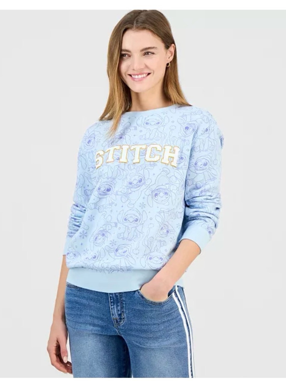 Disney Stitch Winter print Crewneck pullover Sweatshirt NWT Juniors Size Large